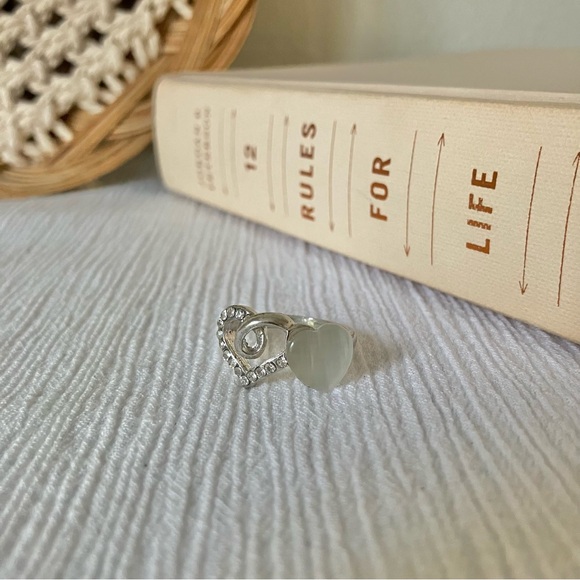 Double Heart Silver Rhinestone Moonstone Ring Iridescent Opaque Promise Girlhood - Picture 1 of 13